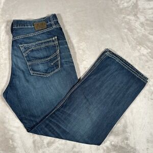 BKE Seth Jeans Mens 36R Blue Denim Distressed Bootcut Wide Leg Cowboy Comfort